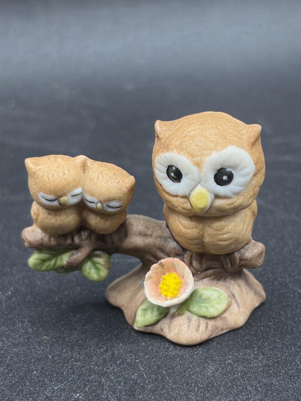 Josef Originals Vintage Miniature Owl & Owlets Birds on Branch Ceramic Figurine